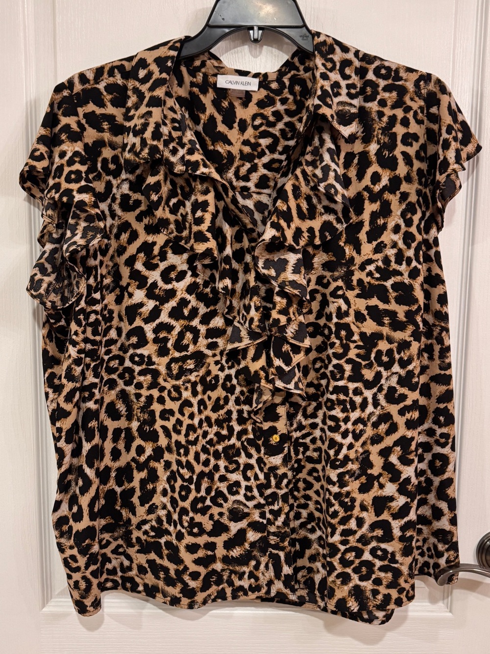 Calvin Klein Leopard Ruffle V-Neck Cap-Sleeve Blouse - Tan/Black